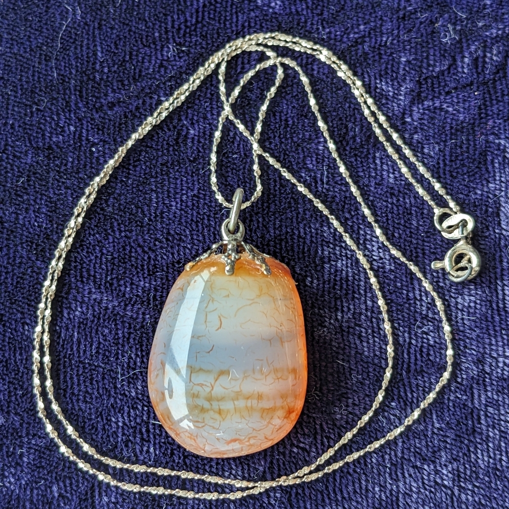Vintage 925 Sterling Silver Necklace With Natural Agate Gemstone